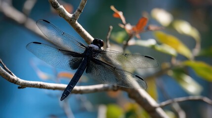 Black dragonfly perched on branch in natural setting with blurred foliage background.