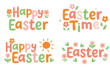 Happy Easter lettering with cute flowers in pastel style. Spring Easter greeting typography with floral decorative elements