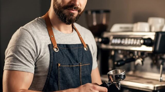 Barista holding portafilter in a coffee shop with espresso machine