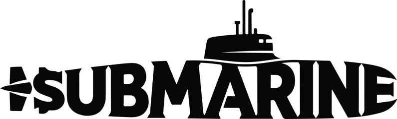 Obraz premium Black and white graphic of the word SUBMARINE shaped like a submarine with a conning tower