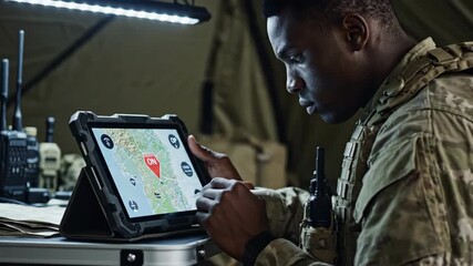 African american man soldier viewing military map on tablet for drone operation. War strategy, tactical planning and technology in defense. - Powered by Adobe