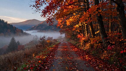Autumn forest path with misty valley and colorful leaves