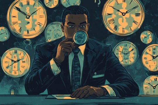 A man in a suit examines a document while surrounded by numerous clocks, suggesting a theme of time and investigation