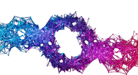 A hyperdetailed 3d fractal structure of fractured magenta and blue neon crystalline shards in a black void, displaying volumetric light and kinetic energy. Concept of complex big data visualization