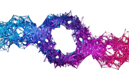 A hyperdetailed 3d fractal structure of fractured magenta and blue neon crystalline shards in a black void, displaying volumetric light and kinetic energy. Concept of complex big data visualization