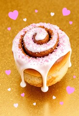 Floating Cinnamon Roll with White Icing and Pink Heart Sprinkles