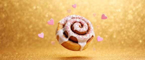 Floating Cinnamon Roll with White Icing and Pink Heart Sprinkles