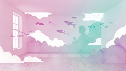 Surreal interior room design featuring ethereal pink and teal watercolor clouds fish silhouettes and human profiles suggesting dreams or transformation