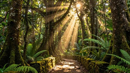 Sunlight rays through tropical forest path