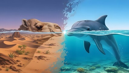 Conceptual artwork illustrating the striking contrast between a desert camel and a vibrant ocean dolphin meeting at the water line symbolizing duality and connection