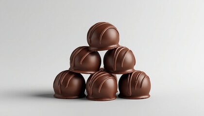 A pyramid of chocolate truffles on a plain background