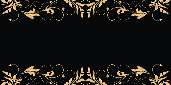 Elegant floral border design with gold foliage ornaments on solid black background frame