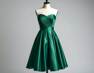 Elegant Emerald Green Strapless Dress Displayed on Mannequin, Flowing Satin Fabric and Structured Bodice in a Clean Studio Setting