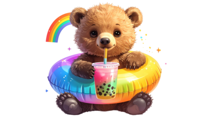 Adorable brown bear sits in a rainbow float, sipping a boba drink, with a rainbow