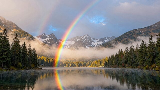 Rainbow over mountain lake with fog and snow-capped peaks - Powered by Adobe