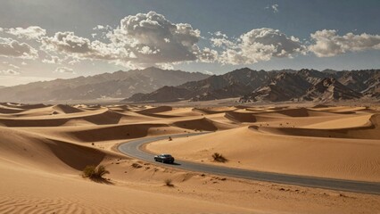 Car driving through desert sand dunes with mountain backdrop © vivekFx