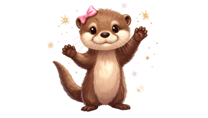 Cartoon otter with a pink bow, waving, surrounded by star-shaped sparkles