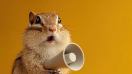 Chipmunk with megaphone against orange background expressing surprise.