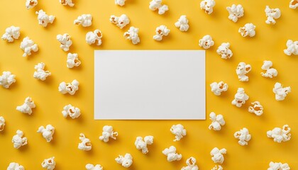 A vibrant yellow background with scattered popcorn and a blank white rectangle in the center for a message or advertisement