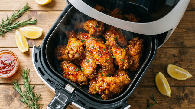 Spicy glazed chicken wings steaming fresh inside an air fryer.