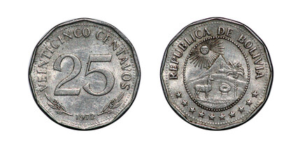 Coin 25 centavos. 1972 year. Republic of Bolivia