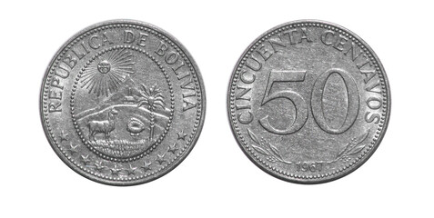 Coin 50 centavos. 1967 year. Republic of Bolivia