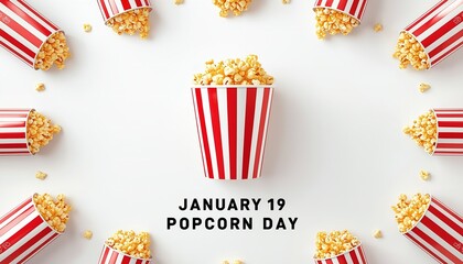 A vibrant display of popcorn in red and white striped containers celebrating January 19 Popcorn Day