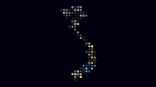 Vietnam animated country shape. Pulsating colored dots on the map of the country. Large size circle blocks. Digital style Vietnam map on dark background. Artistic animation video.