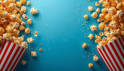 A vibrant blue background with two red and white striped popcorn buckets overflowing with freshly popped popcorn
