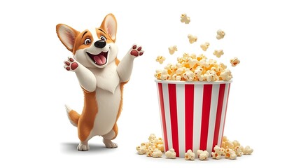 A happy cartoon corgi standing next to a large bucket of popcorn