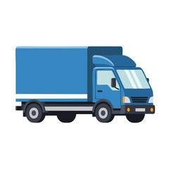 Blue cargo truck illustration on white background, side view, simple design