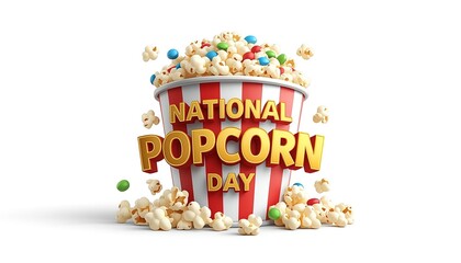 A vibrant popcorn bucket celebrating National Popcorn Day with colorful candy and overflowing kernels on a clean white background
