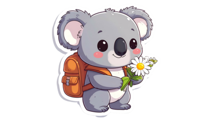 A cute cartoon koala with backpack, holding flowers, sticker-style, white outline