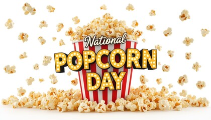A vibrant popcorn bucket celebrating National Popcorn Day with a pile of freshly popped kernels