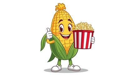 A cheerful cartoon corn character holding a bucket of popcorn and giving a thumbs up