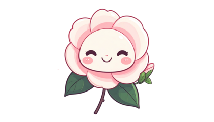 Cute cartoon flower with a smiling face, pink petals, green leaves, and a stem