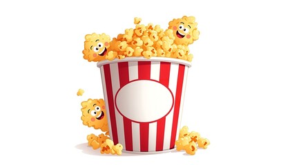 A red and white striped popcorn bucket filled with happy cartoon popcorn pieces on a plain background