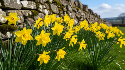 Vibrant yellow daffodils by a stone wall