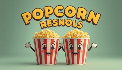 Two cartoon popcorn buckets with smiling faces and arms, filled with popcorn, against a green background with the words 'POPCORN RESNOLS' above them.