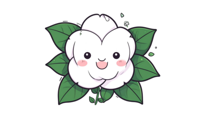 A happy white flower with green leaves and a smiling face on a black background