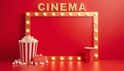 A cinematic setup with popcorn and a cinema sign on a red background