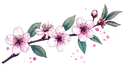 Watercolor branch of blossoms, leaves, and buds with a detached white border