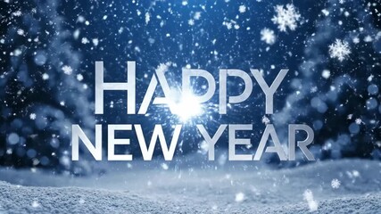 Happy New Year lettering on snowy ground with falling snowflakes and subtle light transition for winter holiday greeting