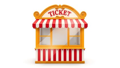 A colorful ticket booth with a red and white striped awning and yellow accents stands alone on a plain background.