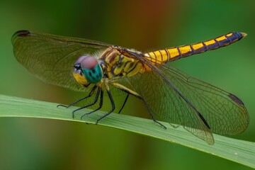 Close-up of a colorful dragonfly perched on a blade of grass