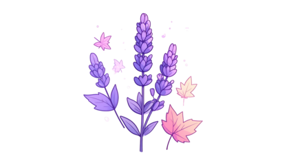 Illustration of lavender sprigs and leaves in shades of purple and pink on black