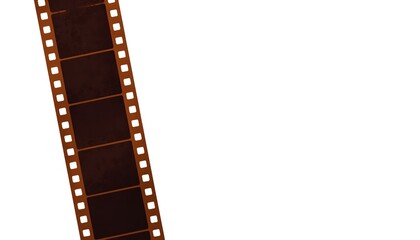 A close-up view of a film strip on a white background