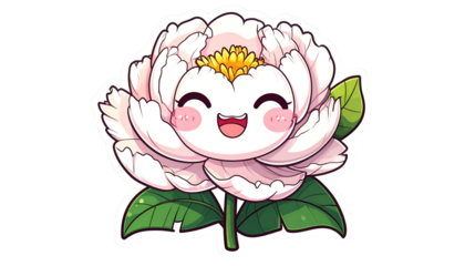 A cartoon peony with a happy face, surrounded by leaves
