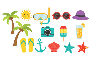 Essential elements for a joyful summer vacation and tropical beach adventure