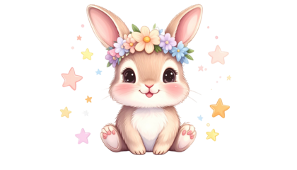Adorable bunny with a floral crown, surrounded by stars, on a transparent background